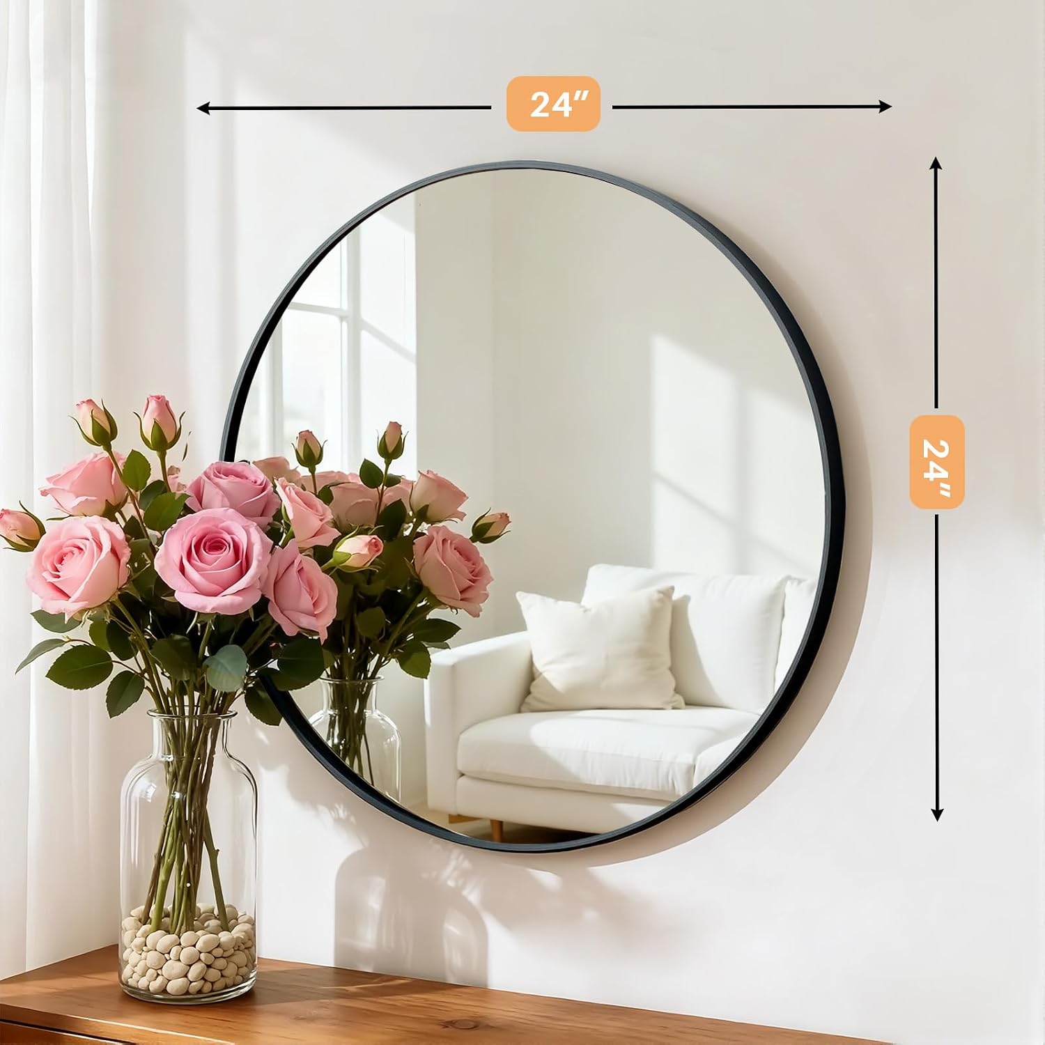 24 Inch Round Black Wall Mirror with Tempered Glass