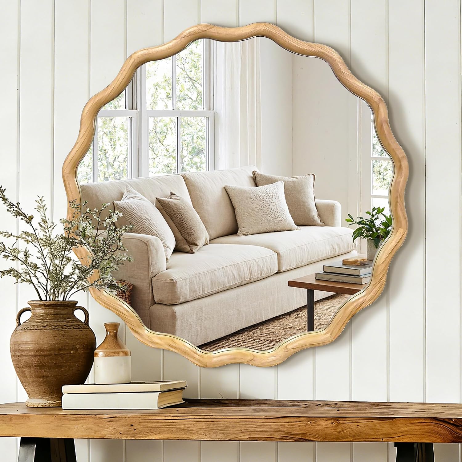 Round Wavy Scalloped Wooden Mirror