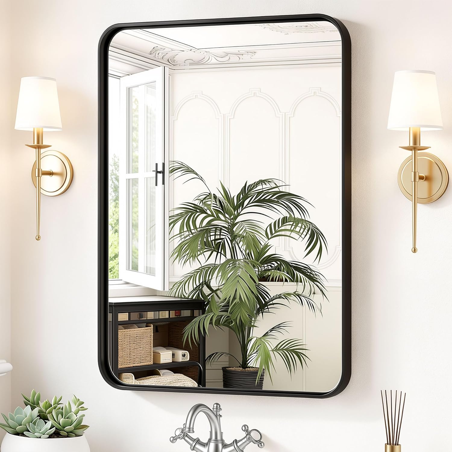 Black Bathroom Wall Mirror 36 x 24 Inch, Rounded Rectangle
