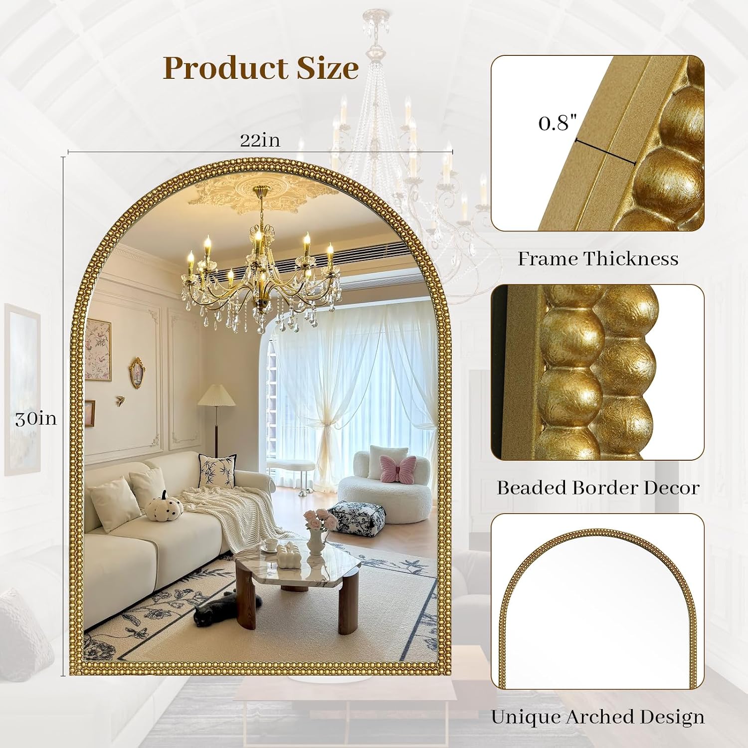 Gold Vintage Arched Wall Mirror 30 x 22 Inch, Beaded Frame