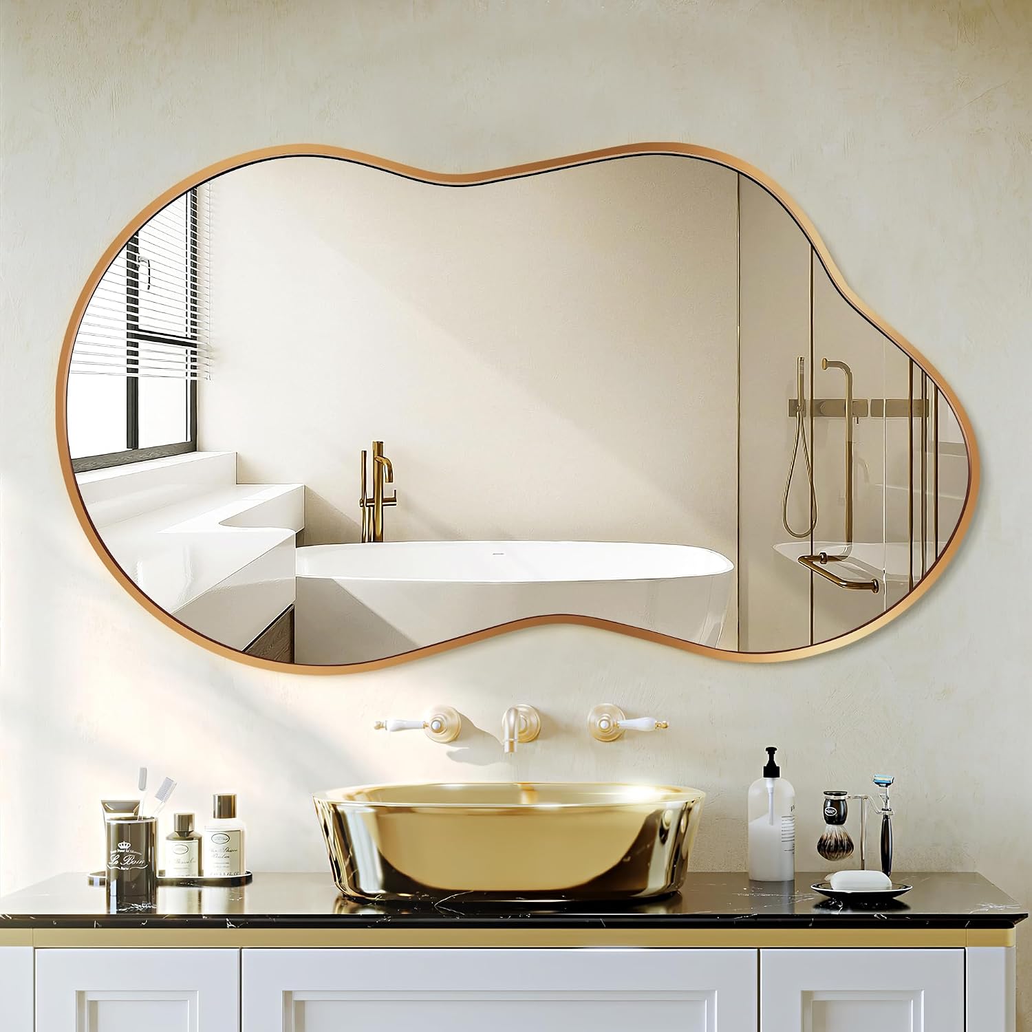 Irregular Gold Wall Mirror 20 x 36 Inch, Abstract Shape