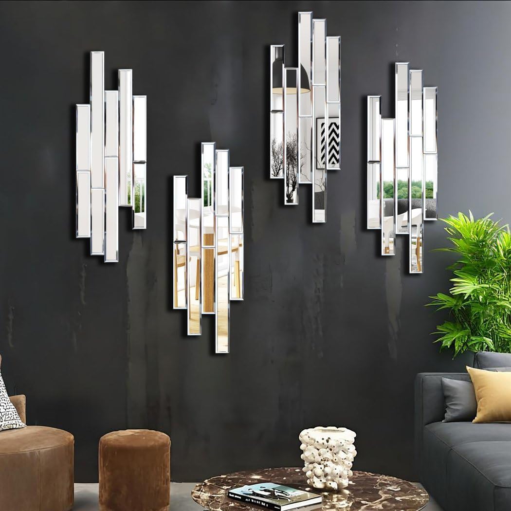 Set of 4 Silver Bevelled Wall Mirrors, 24 x 8 Inch Each