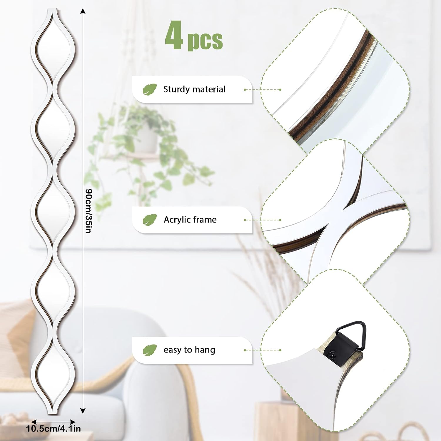 Set of 4 Teardrop Wall Mirrors in Silver, Narrow Panels